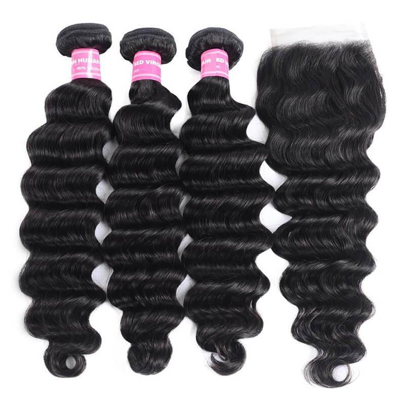 Klaiyi Peruvian Loose Deep Wave Curly Hair 3 Bundles with 4*4 Lace Closure On Sale