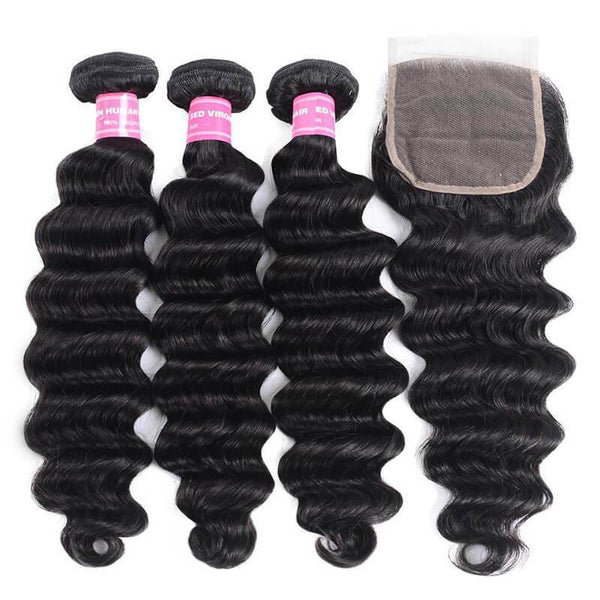 Klaiyi Peruvian Loose Deep Wave Curly Hair 3 Bundles with 4*4 Lace Closure On Sale