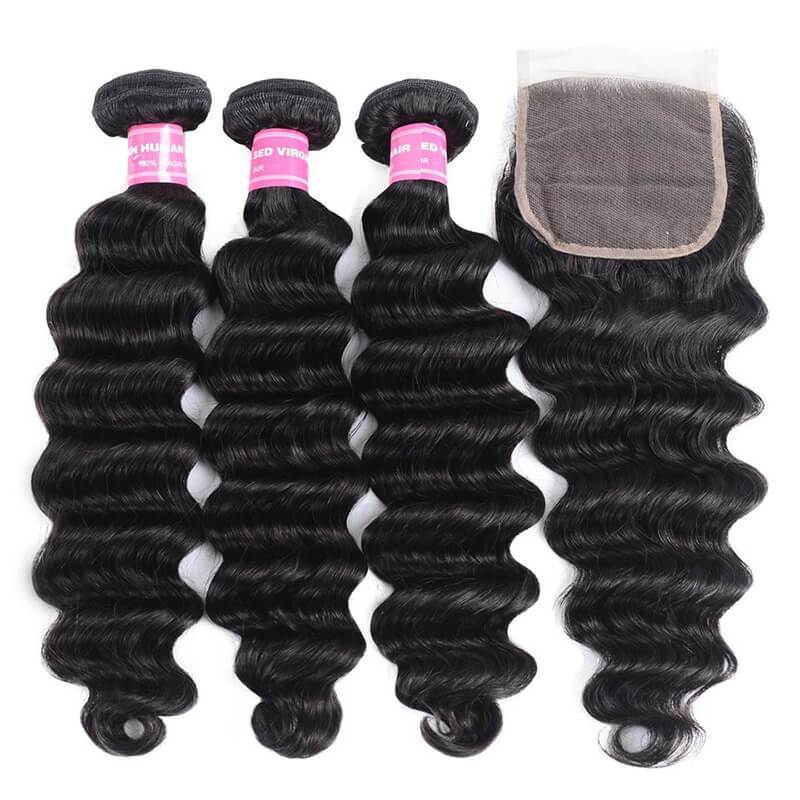 Brazilian Loose Deep Wave 3 Bundles with 4*4 Lace Closure. 100% Virgin Human Hair Weaves on Sale-Klaiyi Hair