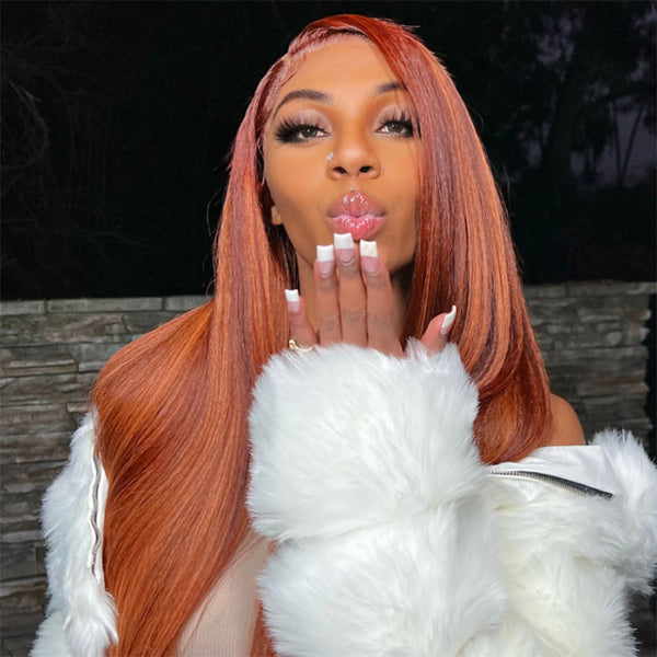 Klaiyi Ombre Ginger Highlights Kinky Straight Lace Frontal Wig Human Hair