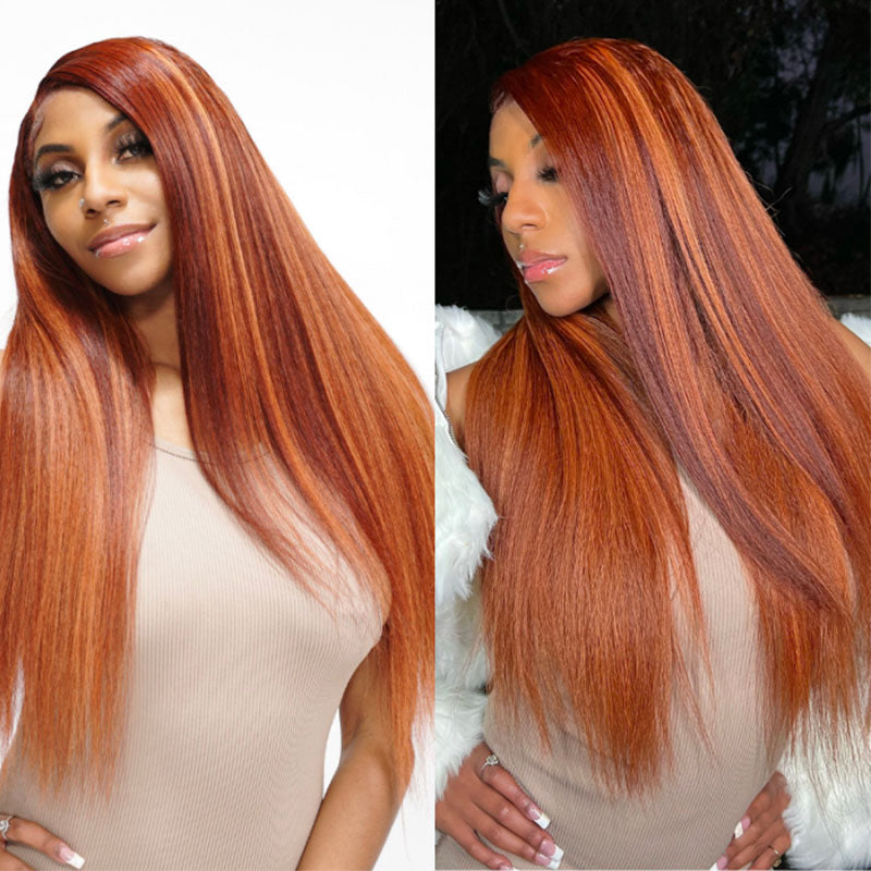 Klaiyi Ombre Ginger Highlights Kinky Straight 13x4 Lace Frontal Wig Human Hair Flash Sale