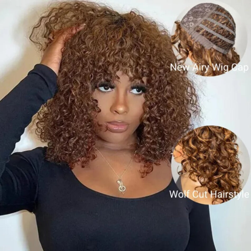 Klaiyi Hair Brown Highlight Wolf Cut Bob Wigs With Bangs Air Wig Breathable Wig Flash Sale