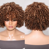 Klaiyi Hair Short Honey Blonde Bouncy Curly Bob Wig With Bangs Glueless Air Wig with Breathable Cap