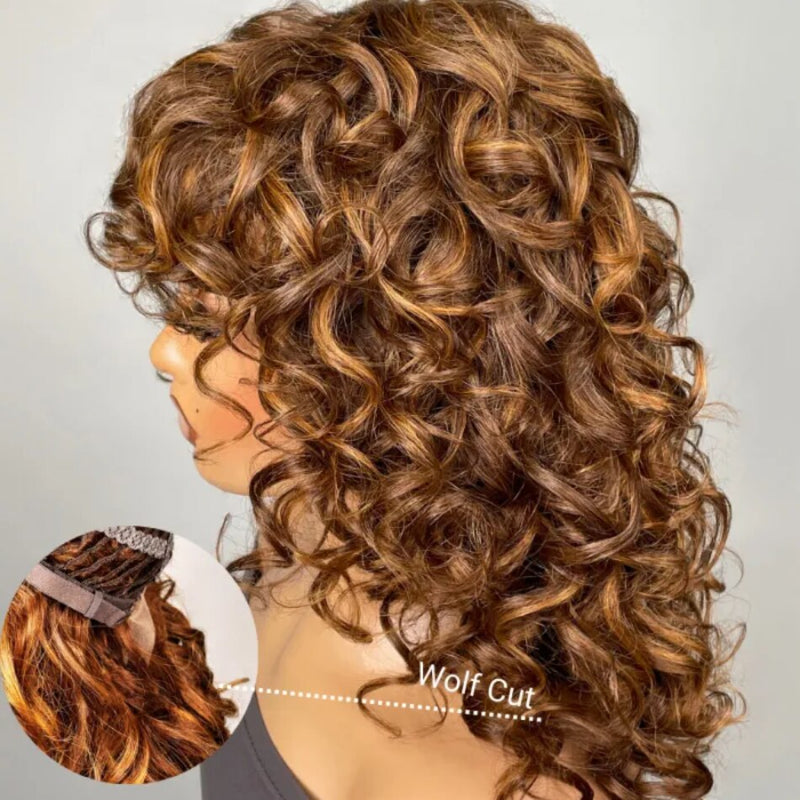 Klaiyi Hair Brown Highlight Wolf Cut Bob Wigs With Bangs Air Wig Breathable Wig Flash Sale