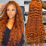 Klaiyi Ginger Colored Wet and Wavy Water Wave Human Hair Wigs Middle T-Part Lace Front Wig Flash Sale