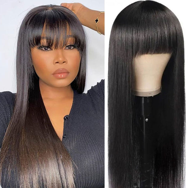 Klaiyi Straight Human Hair Wig with Bangs 13*4 Lace Front Human Hair Wigs Fringe Style