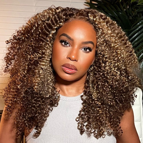 Honey Blonde Highlight Kinky Curly Lace Front Wig 60% Off Clearance