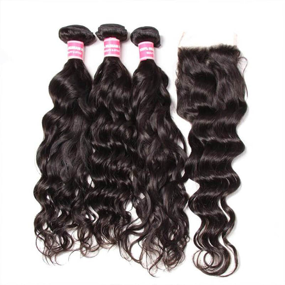 Klaiyi Peruvian Natural Wave 3 Bundles with Lace Closure Deals