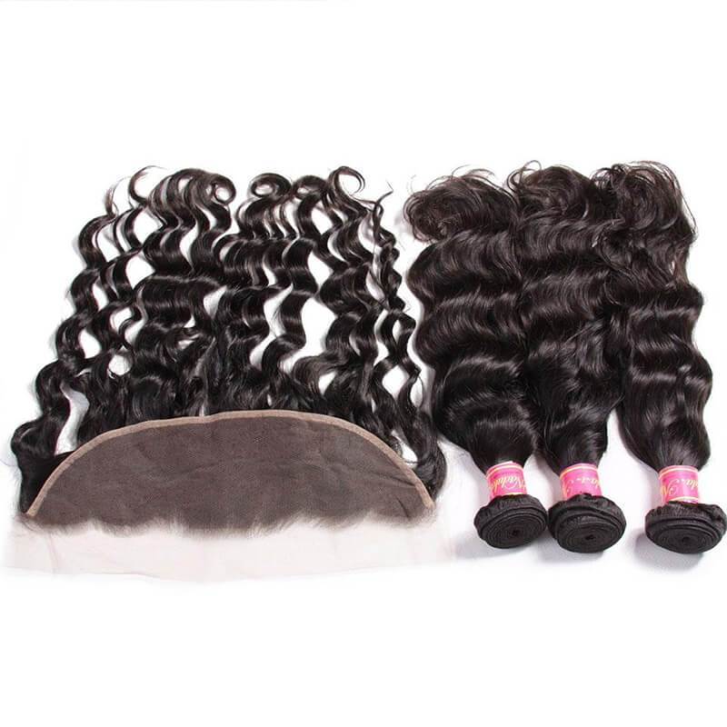 Klaiyi Brazilian Natural Wave 4 Bundles with 13*4 Ear to Ear Lace Frontal Closure Deals