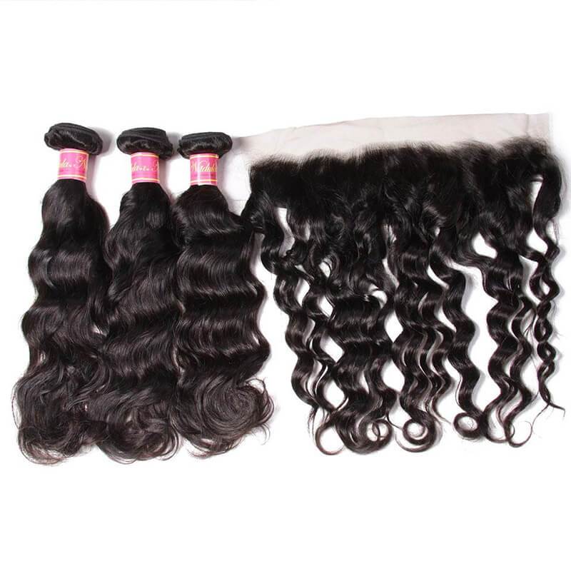 Klaiyi Peruvian Natural Wave 3 Bundles with Lace Frontal Closure,7A Grade Virgin Human Hair Weave