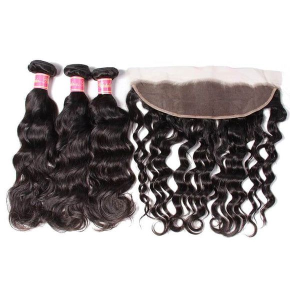 Lot de 3 paquets de cheveux vierges malaisiens ondulés naturels de qualité 8A avec fermeture frontale en dentelle d'oreille à oreille - Klaiyi Hair