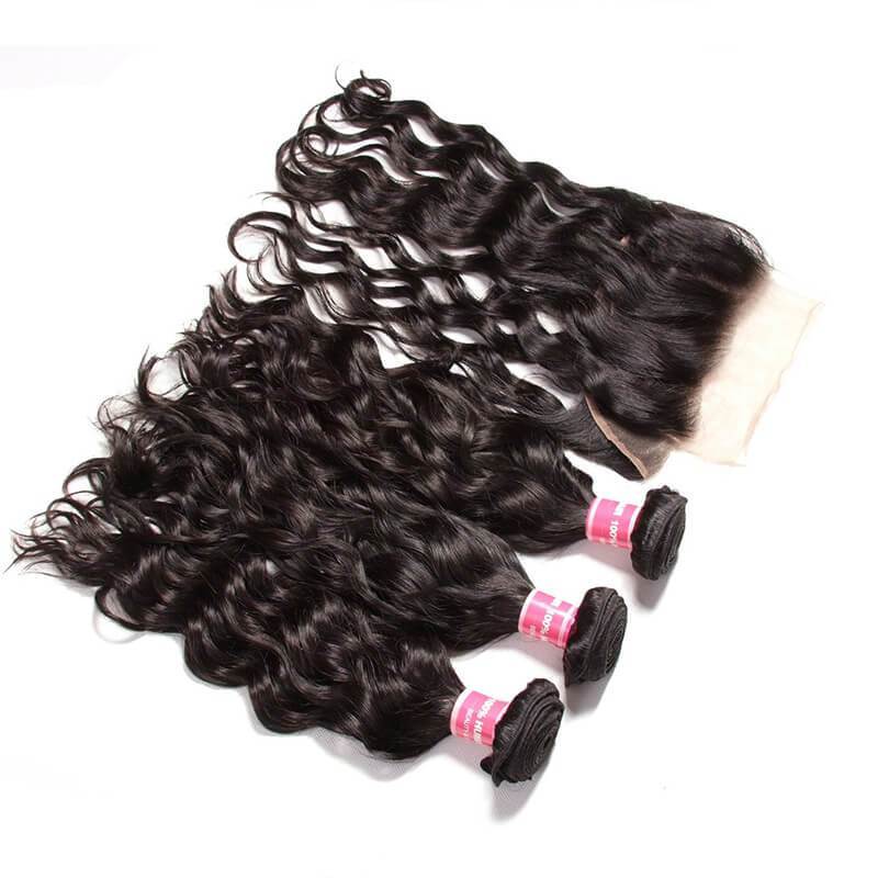 Klaiyi Peruvian Natural Wave 4 Bundles with 13*4 Ear to Ear Lace Frontal Closure Deals