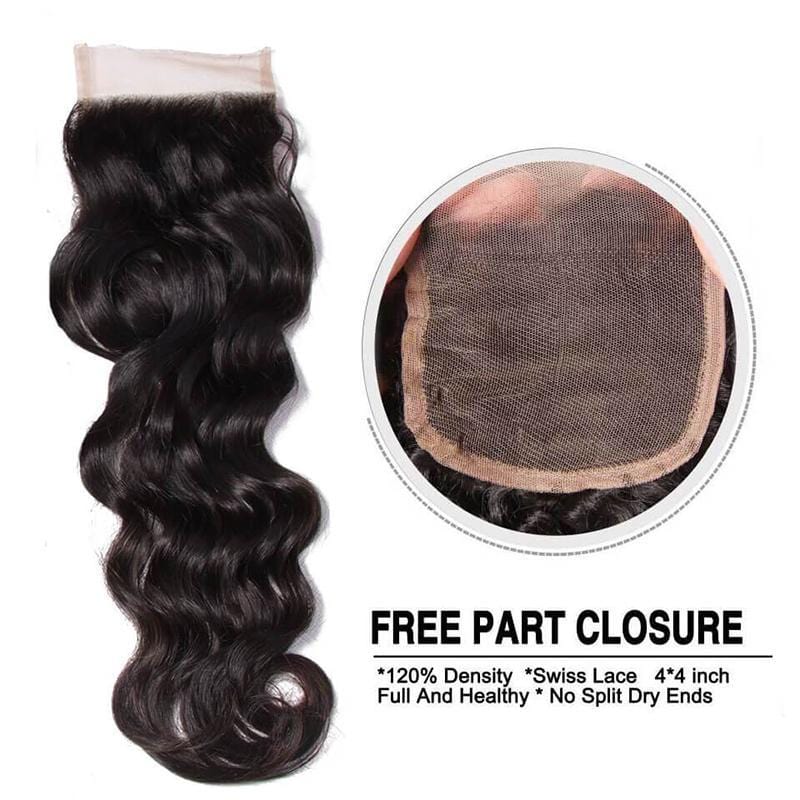 8A Grade Indian Natural Wave Human Hair Weave 3 Bundles with Free Part Lace Closure,4*4-Klaiyi Hair