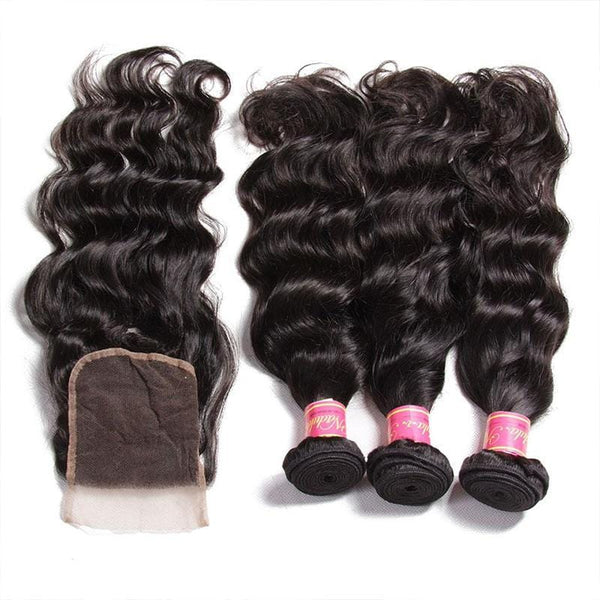 8A Grade Indian Natural Wave Human Hair Weave 3 Bundles with Free Part Lace Closure,4*4-Klaiyi Hair