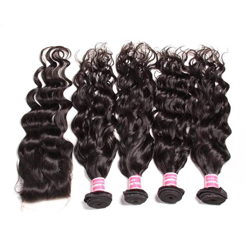 Klaiyi 8A  4 Bundles Brazilian Natural Wave Virgin Hair with lace Closure Human Hair Extension