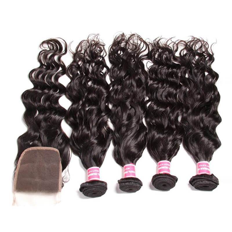 Klaiyi 8A  4 Bundles Brazilian Natural Wave Virgin Hair with lace Closure Human Hair Extension