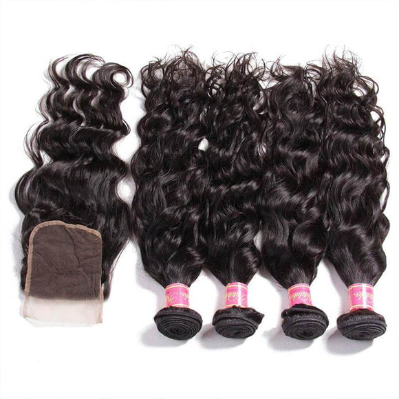 Malaysian Natural Wave 4 Bundles with Lace free Part Closure, 7A Grade Virgin Human Hair Weaves- Klaiyi Hair