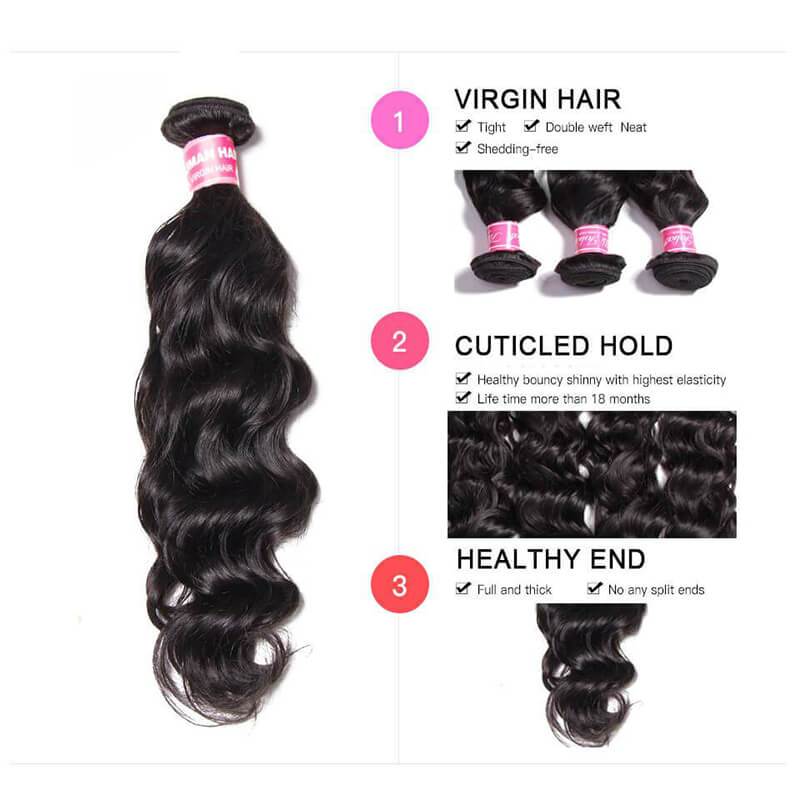 Malaysian Natural Wave 4 Bundles with Lace free Part Closure, 7A Grade Virgin Human Hair Weaves- Klaiyi Hair