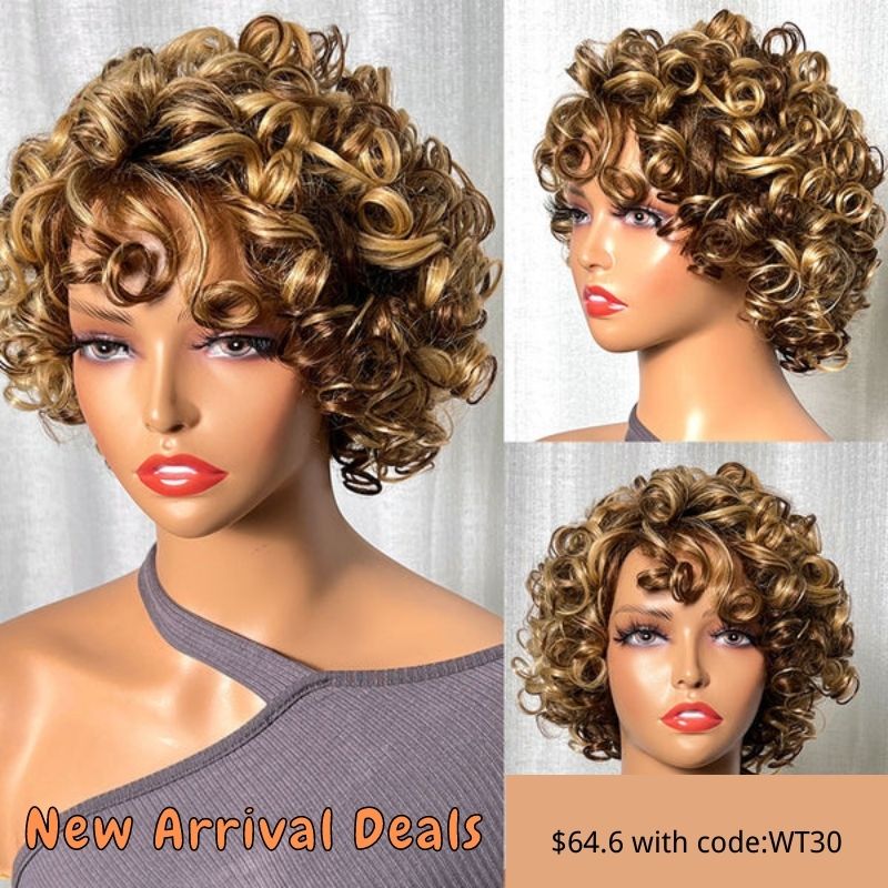 Klaiyi Glueless Blonde Highlight Big Curly Fringe Wig Machine Made Human Hair Wigs