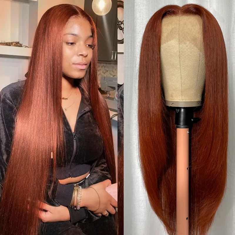 Klaiyi Reddish Brown Bone Straight 13x4 Lace Front Wig Human Hair With Layer Inner Buckle Auburn Copper Color