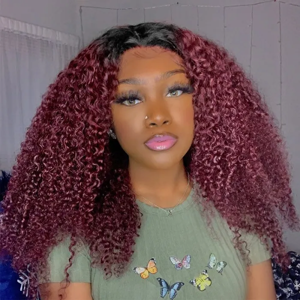 Klaiyi V Part Jerry Curly No Leave Out Glueless Wigs Dark Roots 99J Color Human Hair Wigs