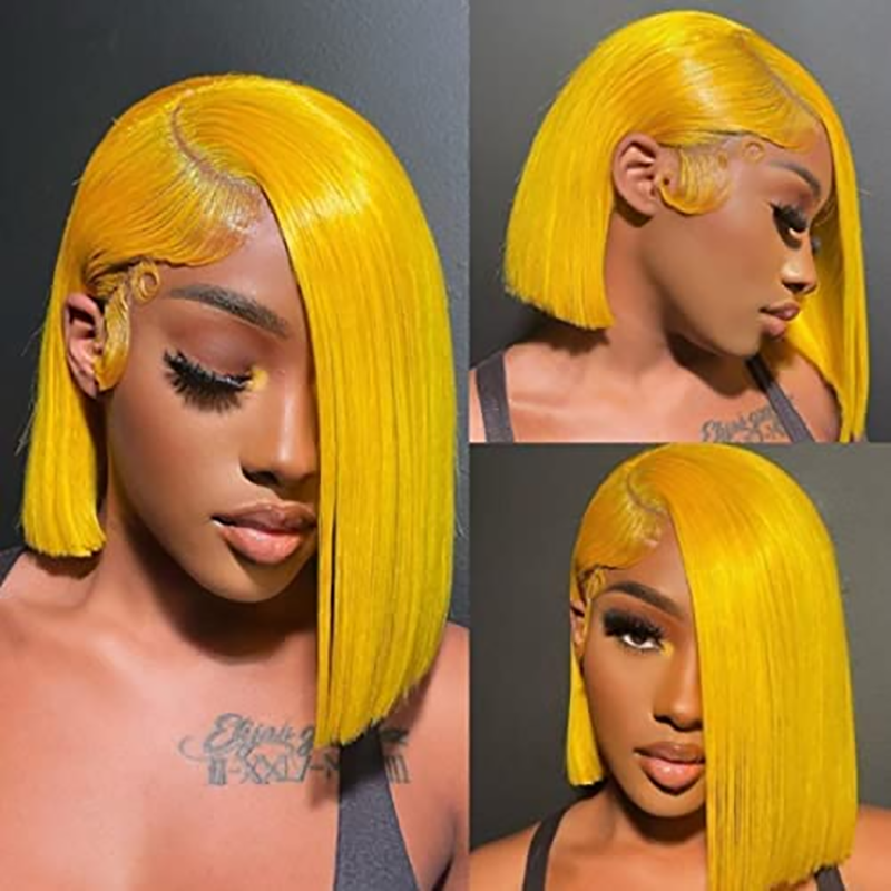 Klaiyi Shoulder Length Transparent Lace Bob Wig Lemon Yellow Color