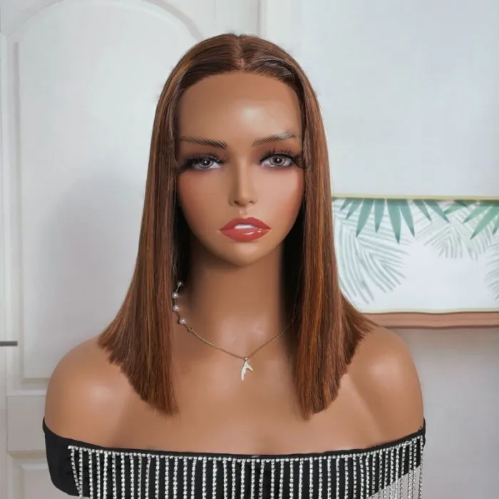 All Length $69 Deals| Klaiyi Brown Golden With Piano Highlights Blunt Cut Bob 13x5 T Part Lace Wig Flash Sale