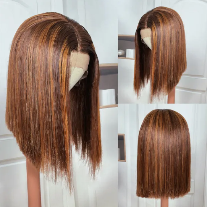 All Length $69 Deals| Klaiyi Brown Golden With Piano Highlights Blunt Cut Bob 13x5 T Part Lace Wig Flash Sale