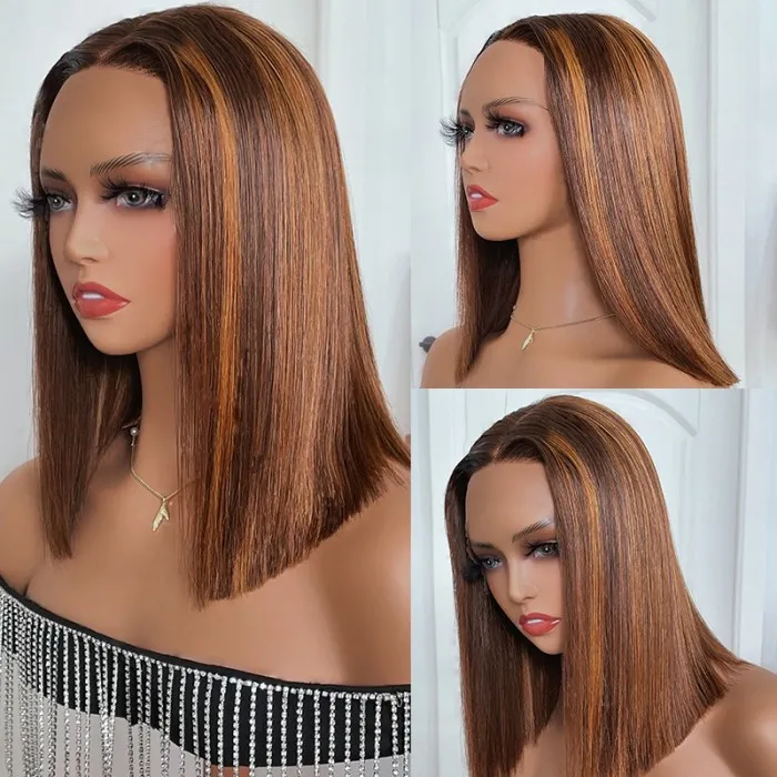 All Length $69 Deals| Klaiyi Brown Golden With Piano Highlights Blunt Cut Bob 13x5 T Part Lace Wig Flash Sale