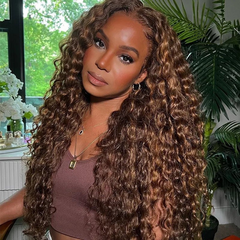 Klaiyi Ombre Highlight Piano Color Lace Part Wig Brown Golden Human Hair Water Wave