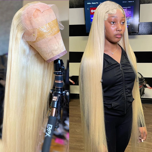 Klaiyi 180% Density 613 Color Bone Straight 13x4 Lace Front Wig Honey Blonde Human Hair