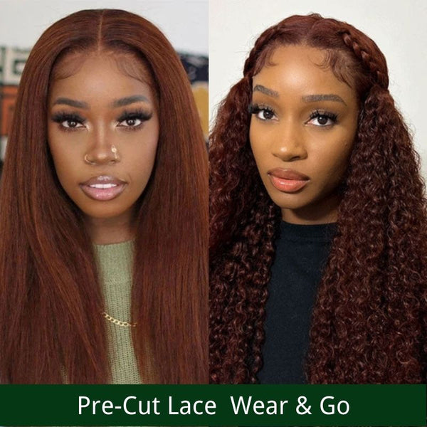 $100 OFF Full $101| Pre Cut Put On and Go  Kinky Straight Or Jerry Curly Reddish Brown Lace Closure Wig