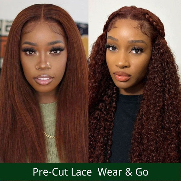 $100 OFF Full $101| Pre Cut Wear & Go  Kinky Straight Or Jerry Curly Reddish Brown Lace Closure Wig with Breathable Cap