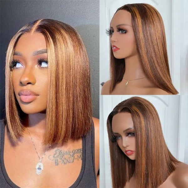 $100 OFF Full $101 | Klaiyi Blunt Cut Bob Brown Golden With Piano Highlights 13x5 T Part Lace Wig