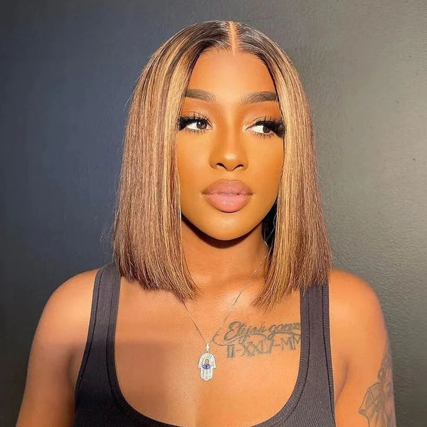 $100 OFF Full $101 | Klaiyi Blunt Cut Bob Brown Golden With Piano Highlights 13x5 T Part Lace Wig