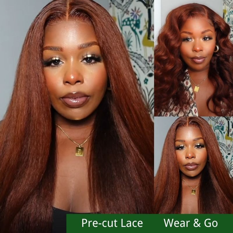 Klaiyi Pre-Cut Lace Wig Wear & Go Reddish Brown Kinky Straight Human Hair Wig with Breathable Cap