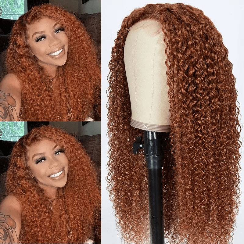 Klaiyi Jerry Curly Ginger Brown Color Lace Front Wigs High Quality Human Hair
