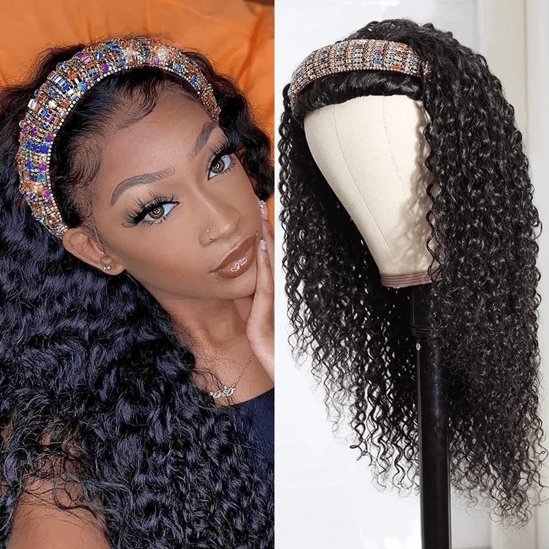 Klaiyi Flash Deal Headband Wig Curly Human Hair Wigs With Free Scarf Natural Color Wig For Black Women