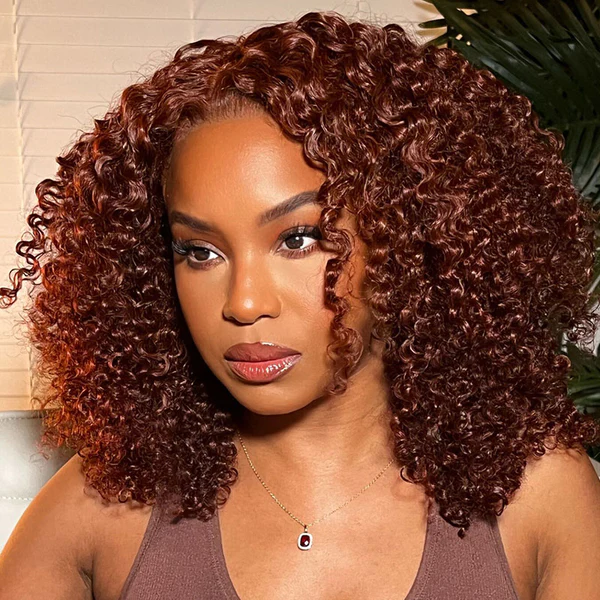 Extra 50% Off, Code:HALF50  | Klaiyi Auburn Brown Color 13x4 Glueless Lace Frontal Wig Kinky Curly Human Hair