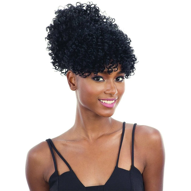 Klaiyi Glueless Short Bob Wig Tousled Bouncy Curly With Bangs Machine Made Wig Virgin Human Hair