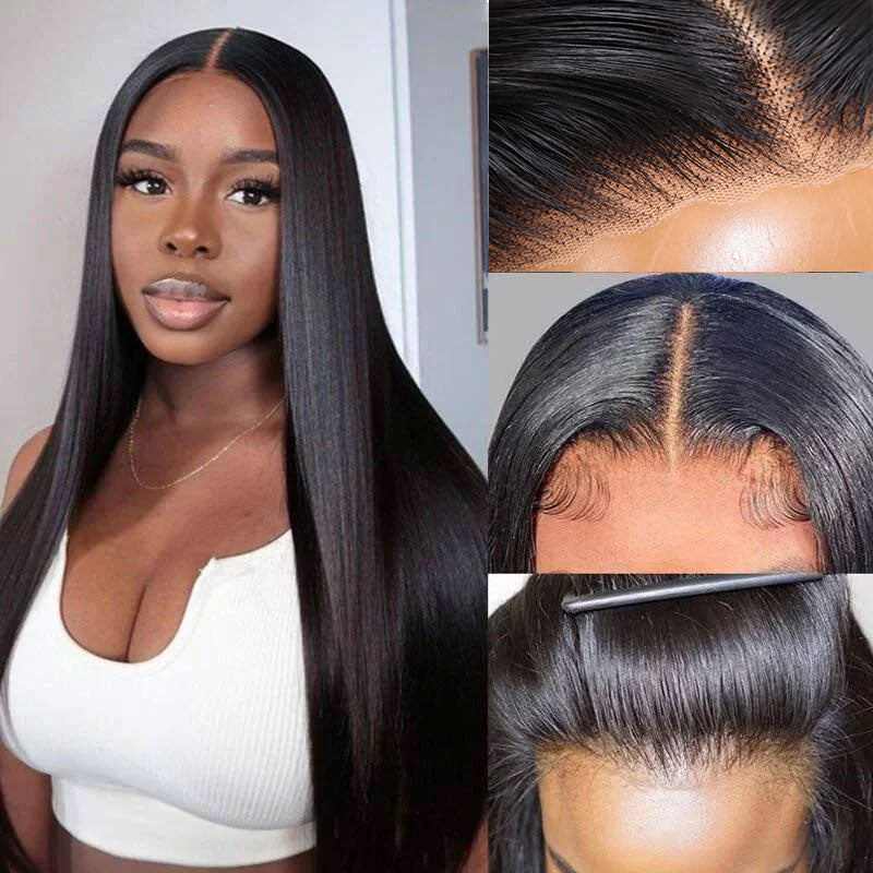 Klaiyi Pre-Cut Glueless Wig Straight Human Hair Beginner Wig Put On and Go