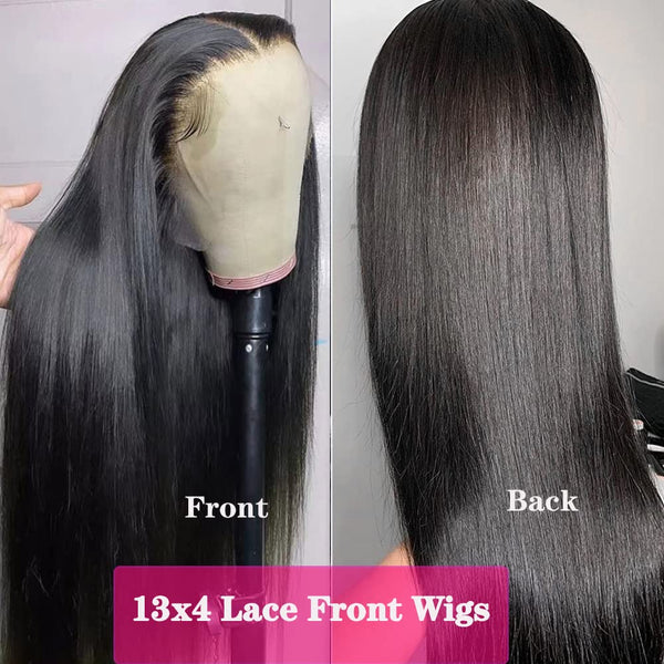 Klaiyi Straight Human Hair 13x4 Lace Frontal Wigs with Bangs 100% Virgin Human Hair Wigs