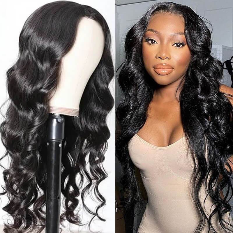 Klaiyi 100% High Quality Virgin Human Hair Body Wave Wigs Lace Part Wig Natural Black Hair Wigs