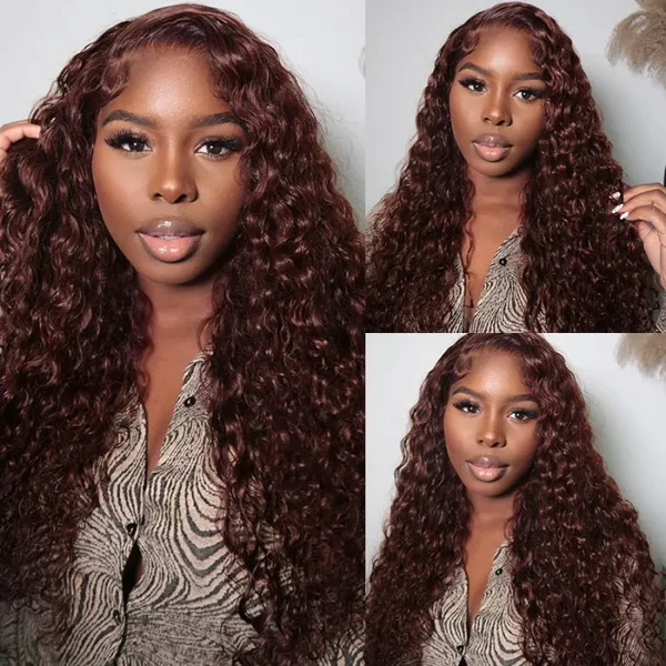Klaiyi Jerry Curly Reddish Brown 13x4 Lace Front Wig Human Hair Auburn Copper Color