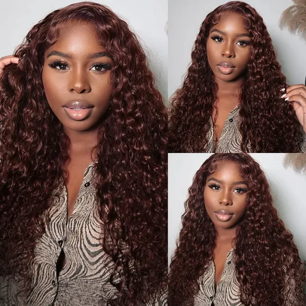 Klaiyi Jerry Curly Auburn Copper Color 13x4 Lace Front Wig High Quality Human Hair Dark Brown
