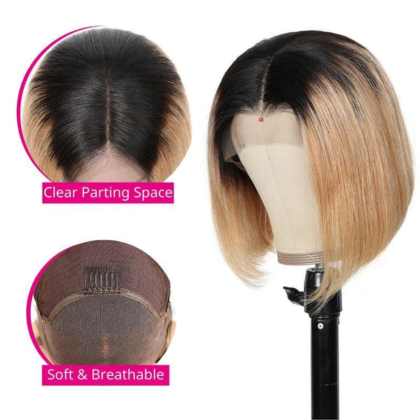 Klaiyi Preplucked T1b/4 Ombre Color Brazilian Straight Short Bob Wigs Ombre Lace Front Human Hair Wigs 150% Density
