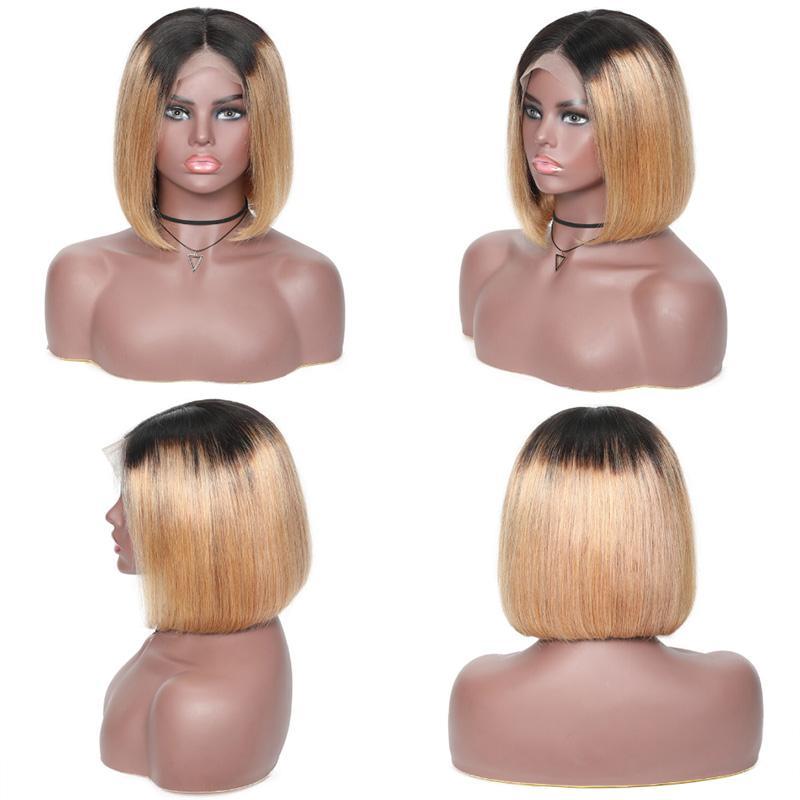 Klaiyi Preplucked T1b/4 Ombre Color Brazilian Straight Short Bob Wigs Ombre Lace Front Human Hair Wigs 150% Density