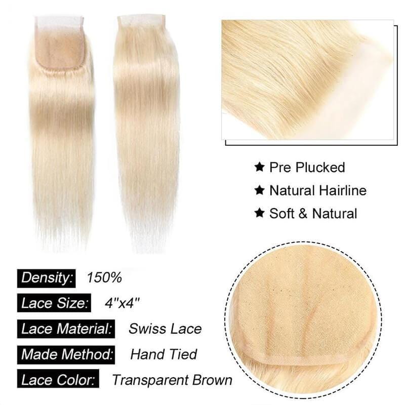 Klaiyi 613 Blonde Straight Hair 3 Bundles with 4*4 Lace Closure on Deals, 100% Human Hair Bundles