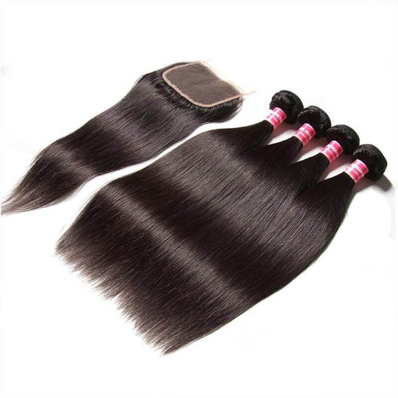 Peruvian Straight Hair 4 Bundles with Lace Closure Deals-Klaiyi Hair