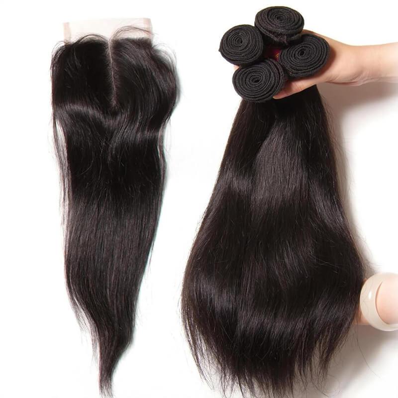 Klaiyi Hair 4 Bundles Brazilian Straight Hair with 4*4 Lace Closure